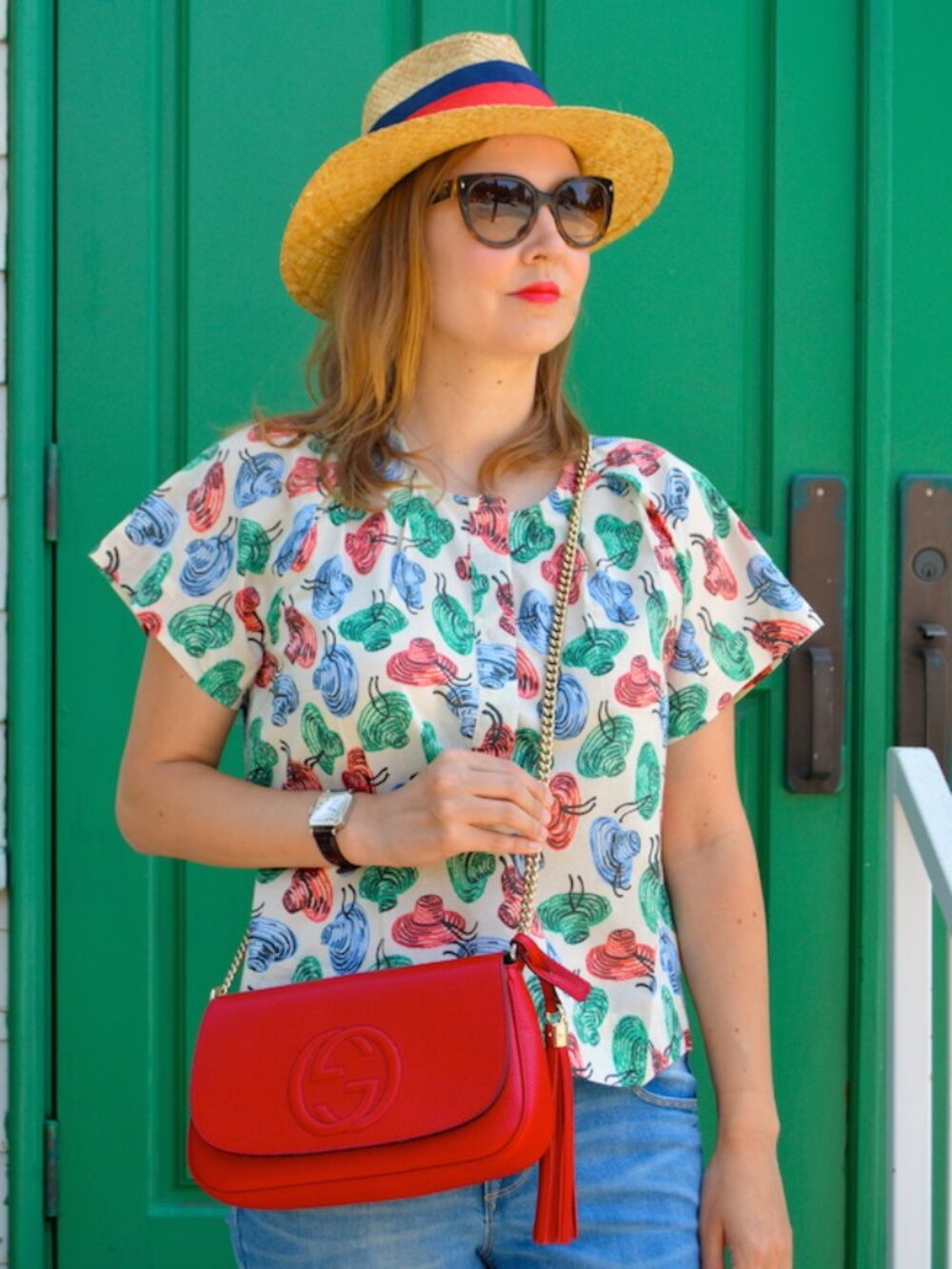 J Crew Hat Print Blouse Size 4 Cream Novelty Print Popover Top Short Sleeve
